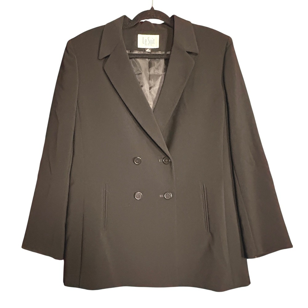 Le‎ Suit Blazer Women 14P Black Excellent Double Breasted Lined Career Jacket